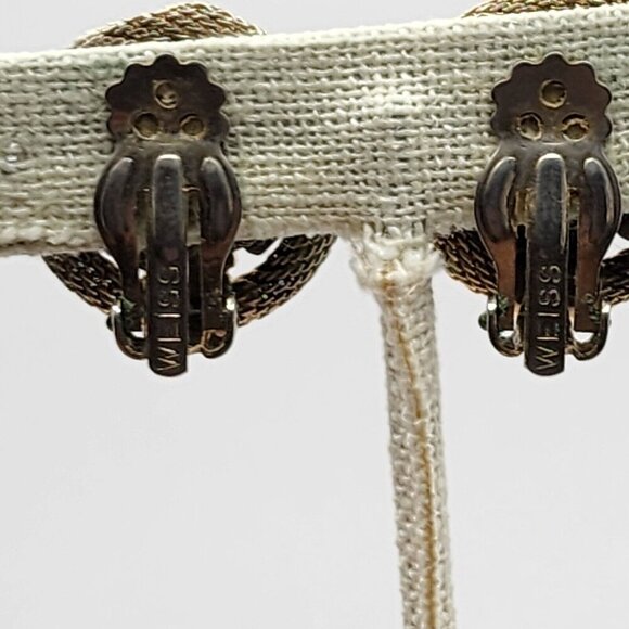 Vintage Weiss Mesh Rhinestone Earrings Aurora Borealis Gold Tone - Picture 4 of 7